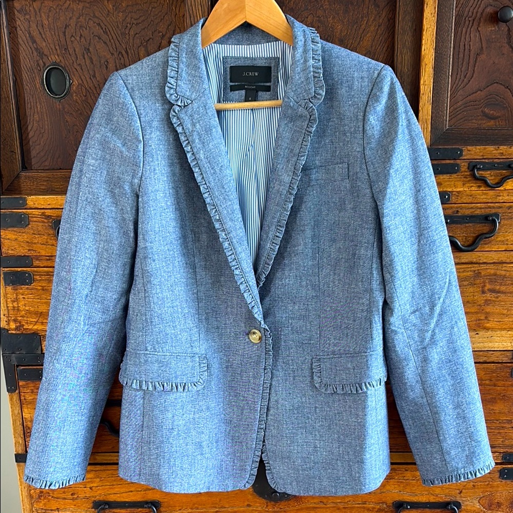 J. Crew Chambray Blazer with Ruffle Detail